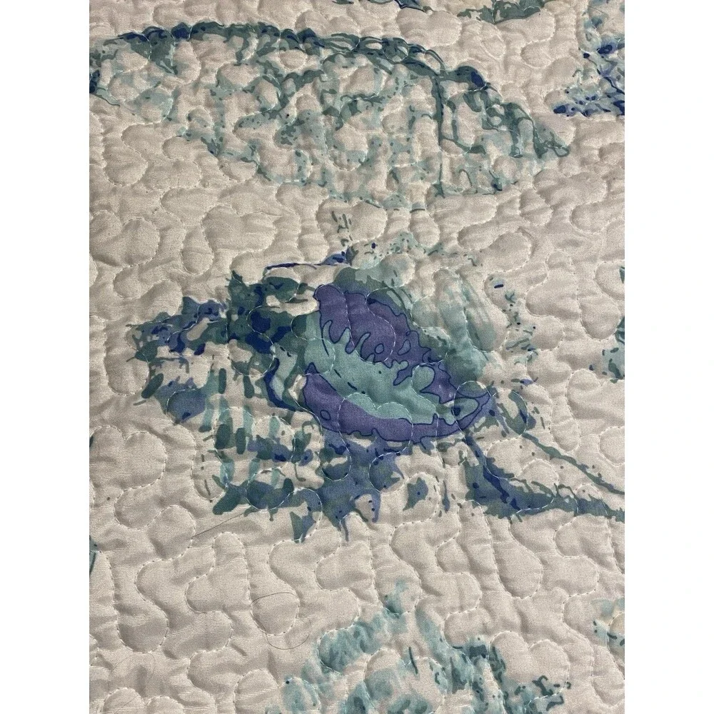 Teal White Quilted Pillow Cover Sham Nautical Coastal Beach Shells Sea Set of 2